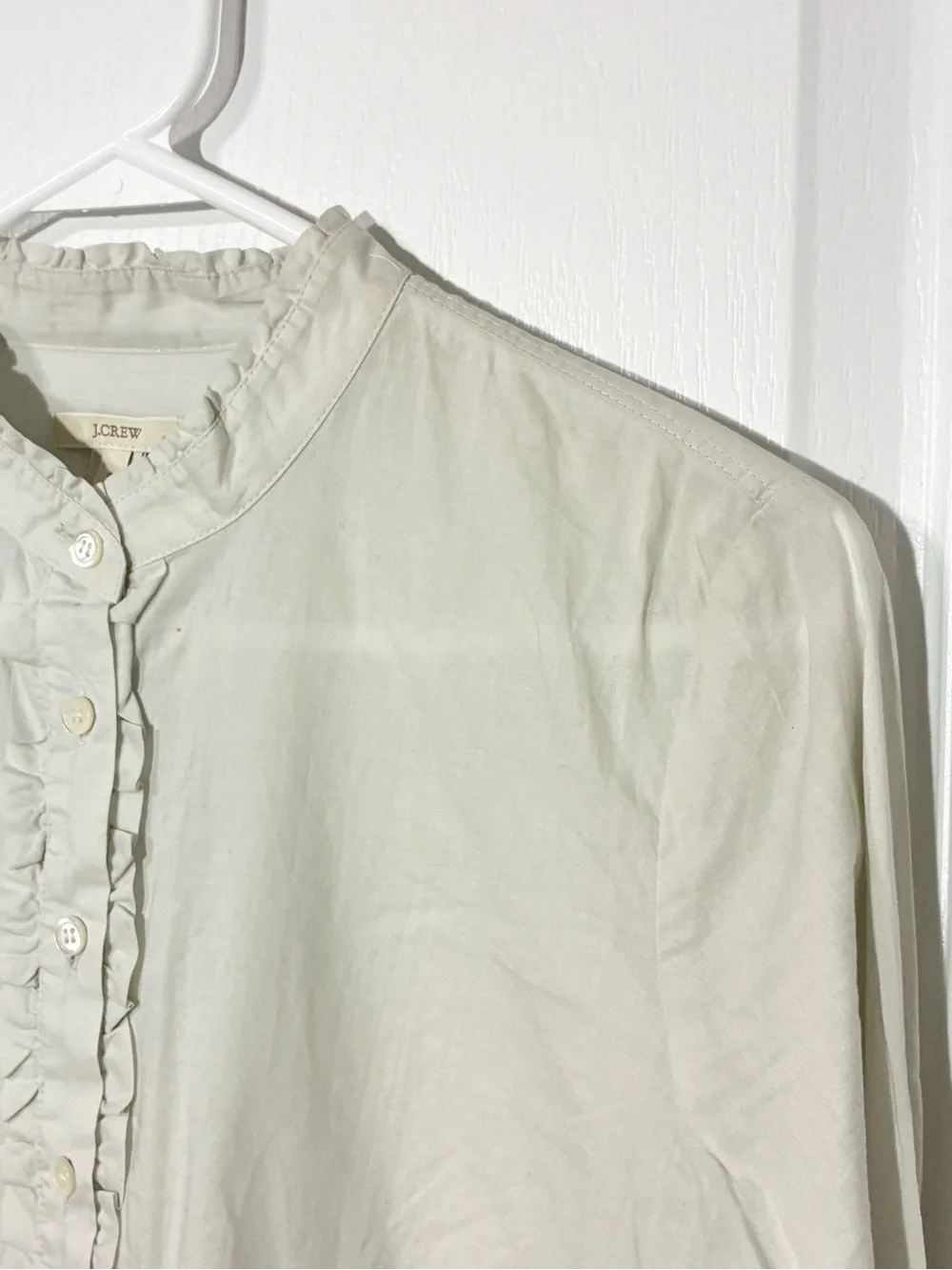 Y2K J.Crew Ruffle Trim Stand Up Collar Long Sleeve Pullover Blouse White Small